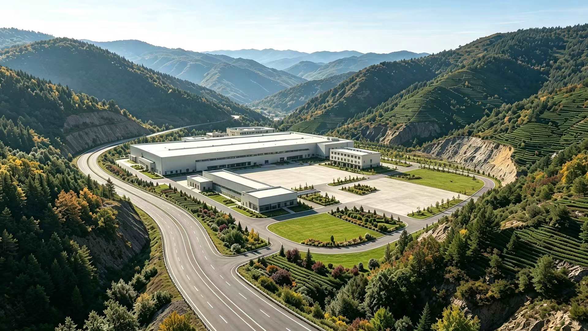 Aerial view of a production facility among mountain tea gardens