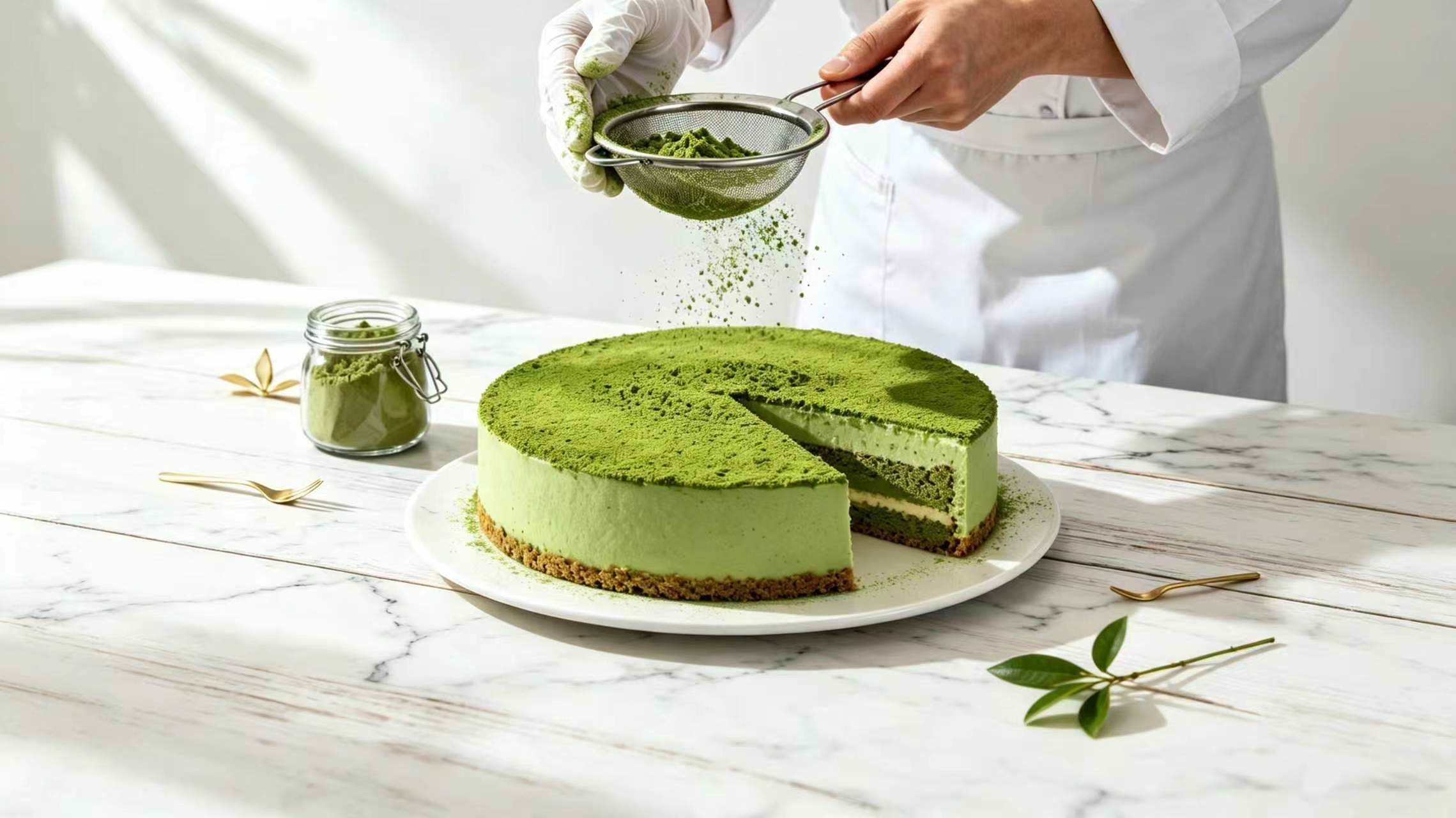 Pastry chef finishing a matcha cheesecake