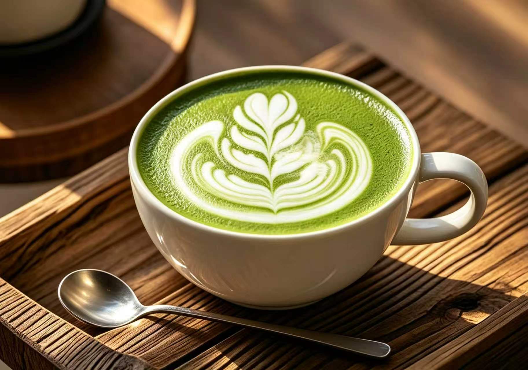 Matcha latte served beside a green tea garden