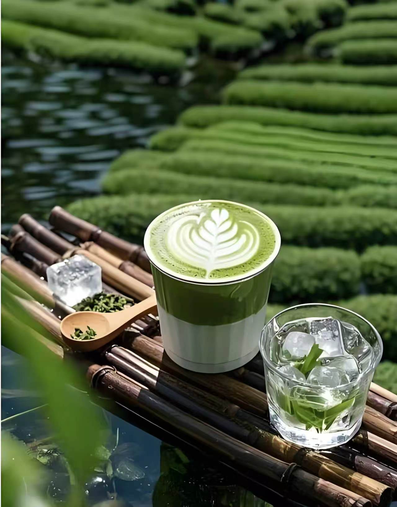 Matcha latte served beside a tea garden