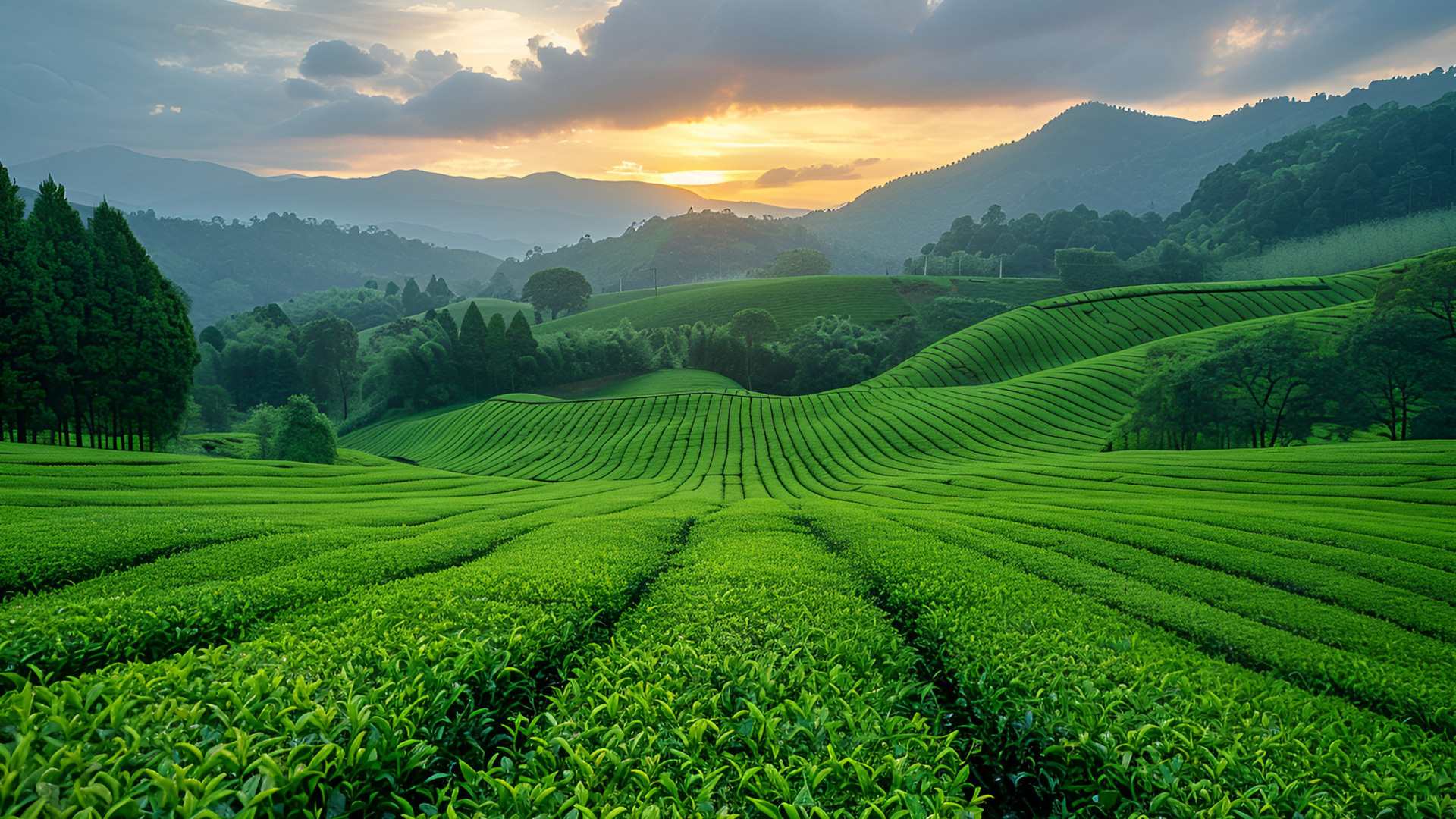 Tea fields at sunset