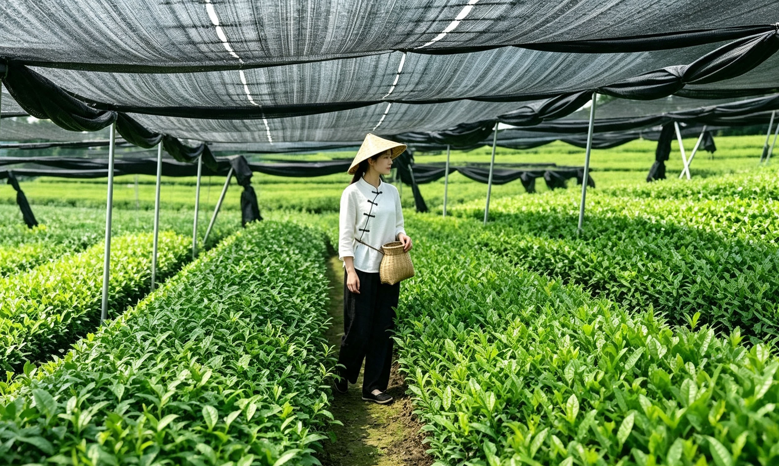 Factory & Supply Chain Tea garden under shade cloth with a field worker