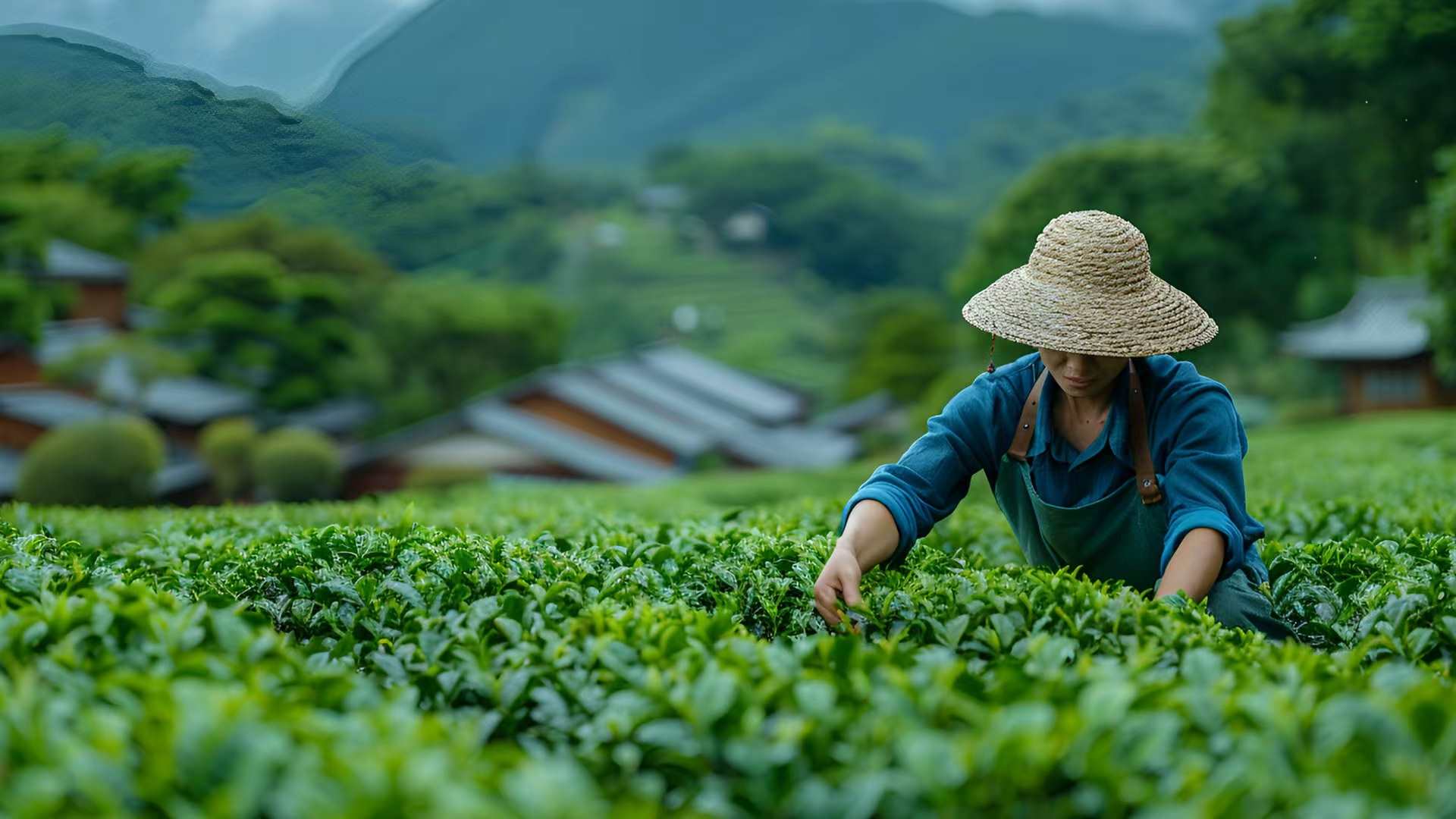 Tea grower hand-picking leaves in a mountain tea garden