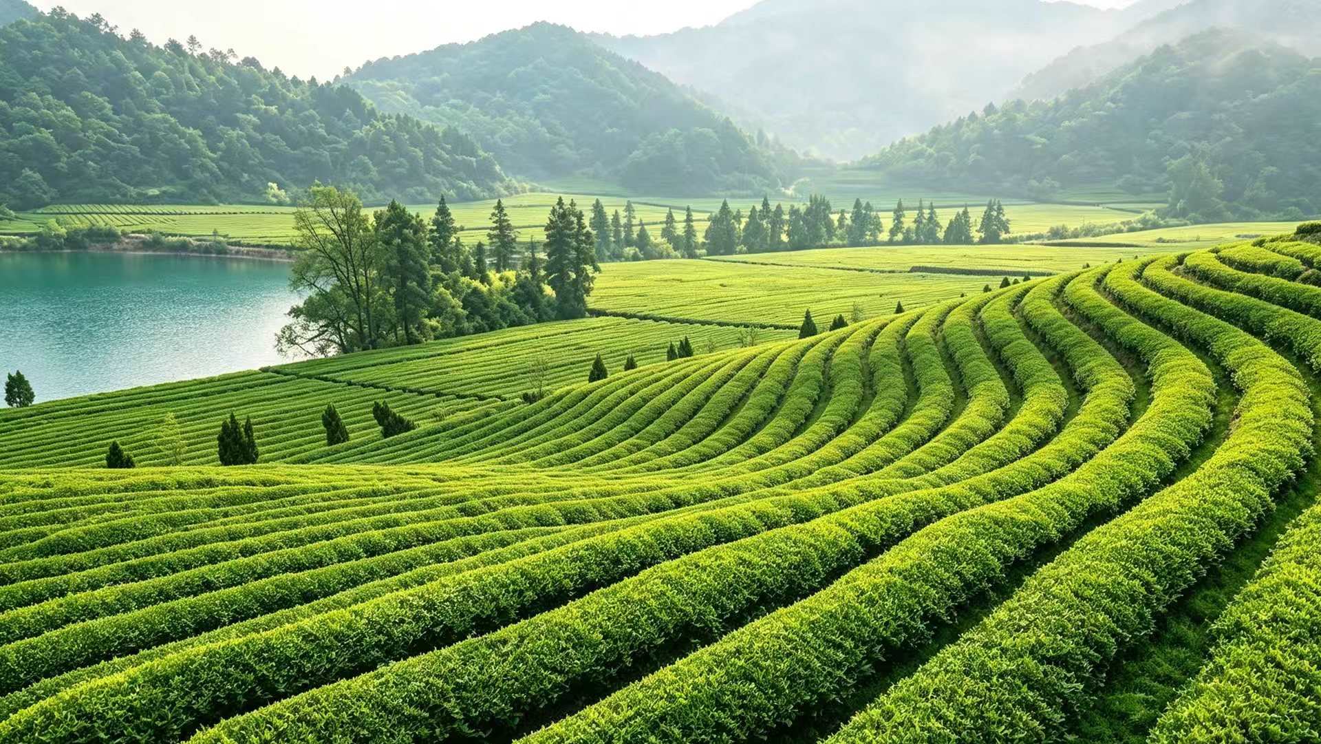About Us Terraced tea garden beside a mountain lake