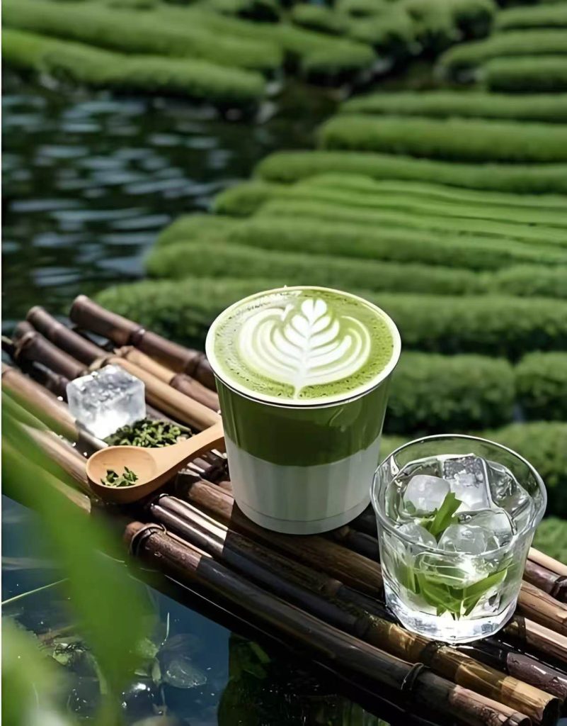 Layered matcha latte served beside a green tea garden